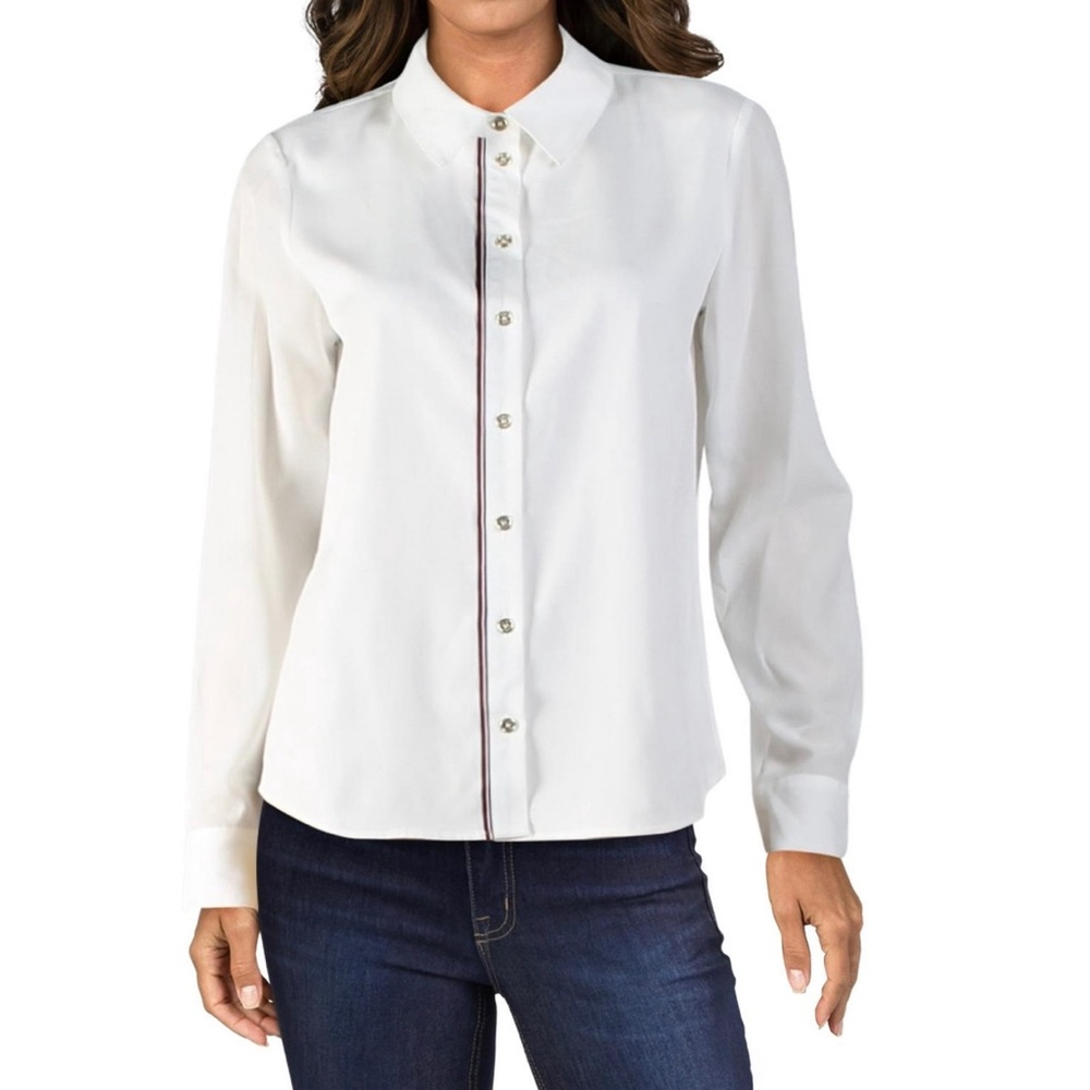 Tommy Hilfiger Womens Ribbon Collard Button-Down Top White